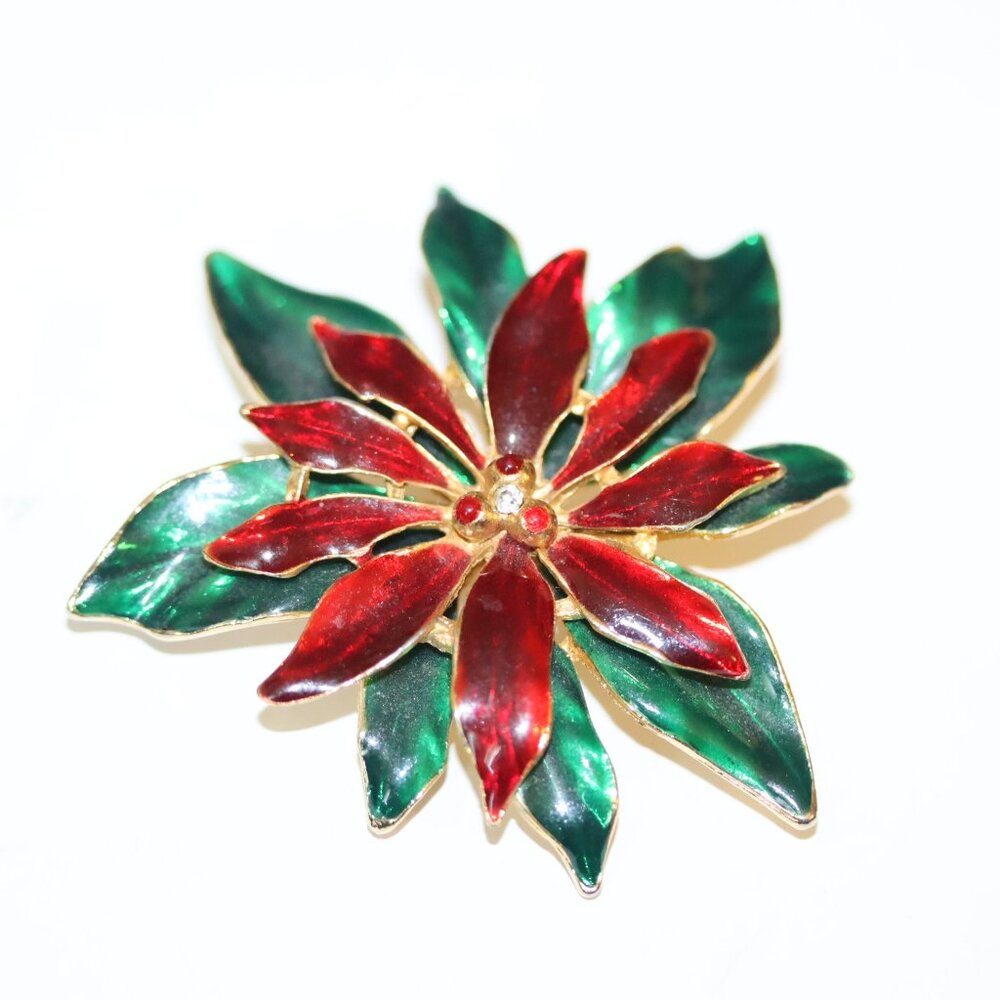 Vintage Signed Lia Christmas Red Green Enamel Poinsettia Flower Brooch Pin